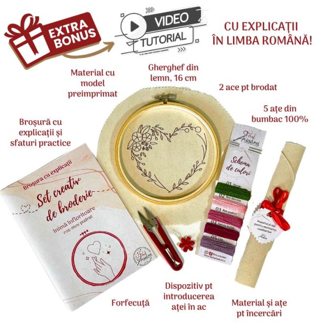 Set creativ de broderie Inimă înfloritoare, roz-mov pudrat - imagine 3