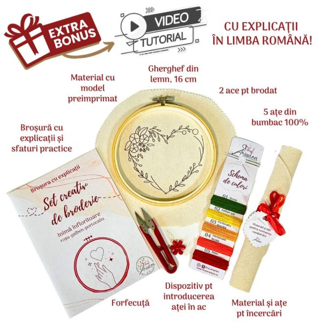 Set creativ de broderie Inimă înfloritoare, roșu-galben-portocaliu - imagine 4